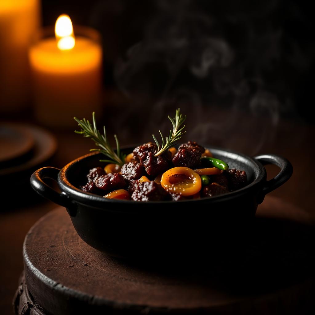 Sizzling beef tibs with rosemary in a clay dish