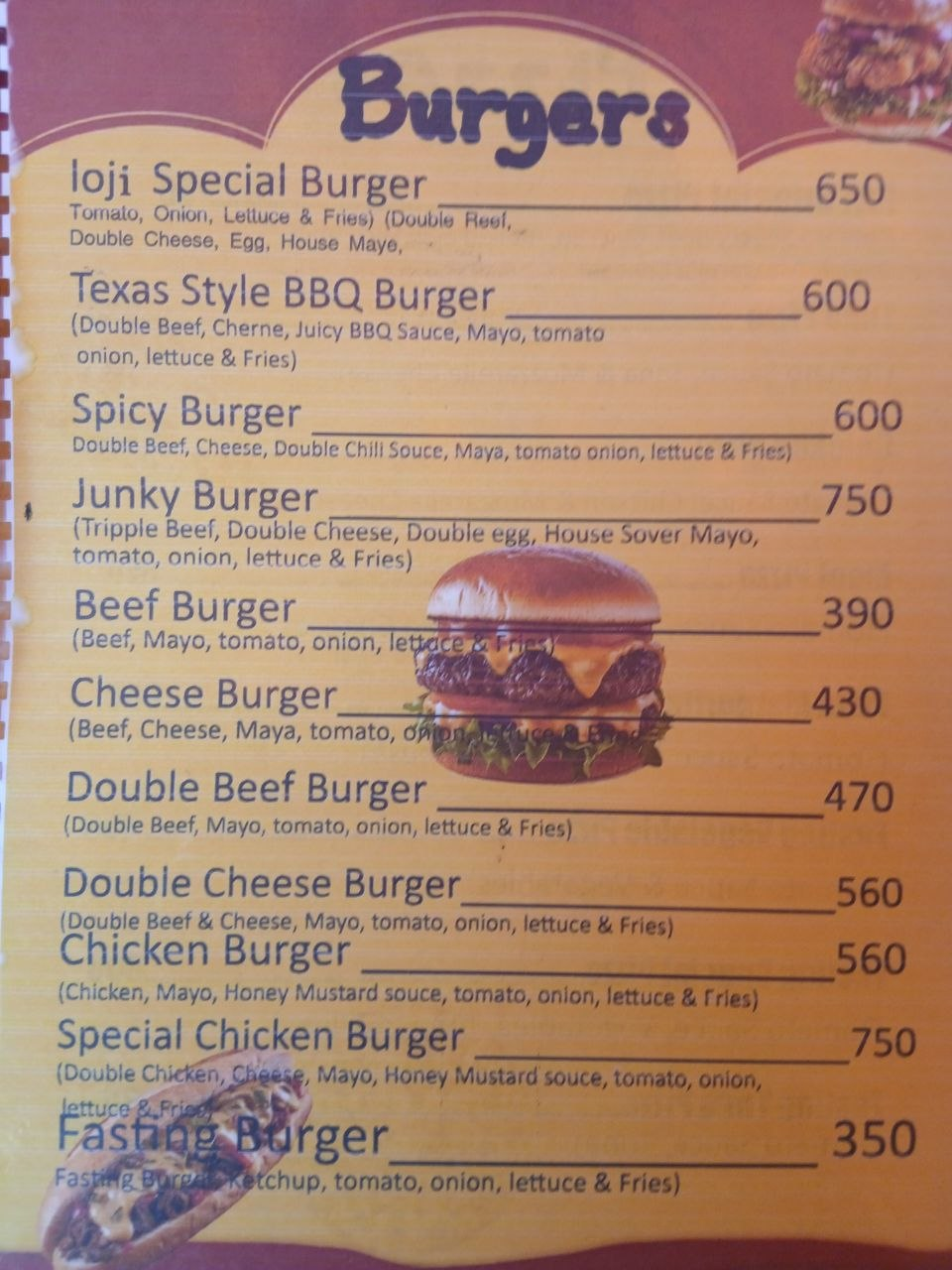 Printed menu — burgers page