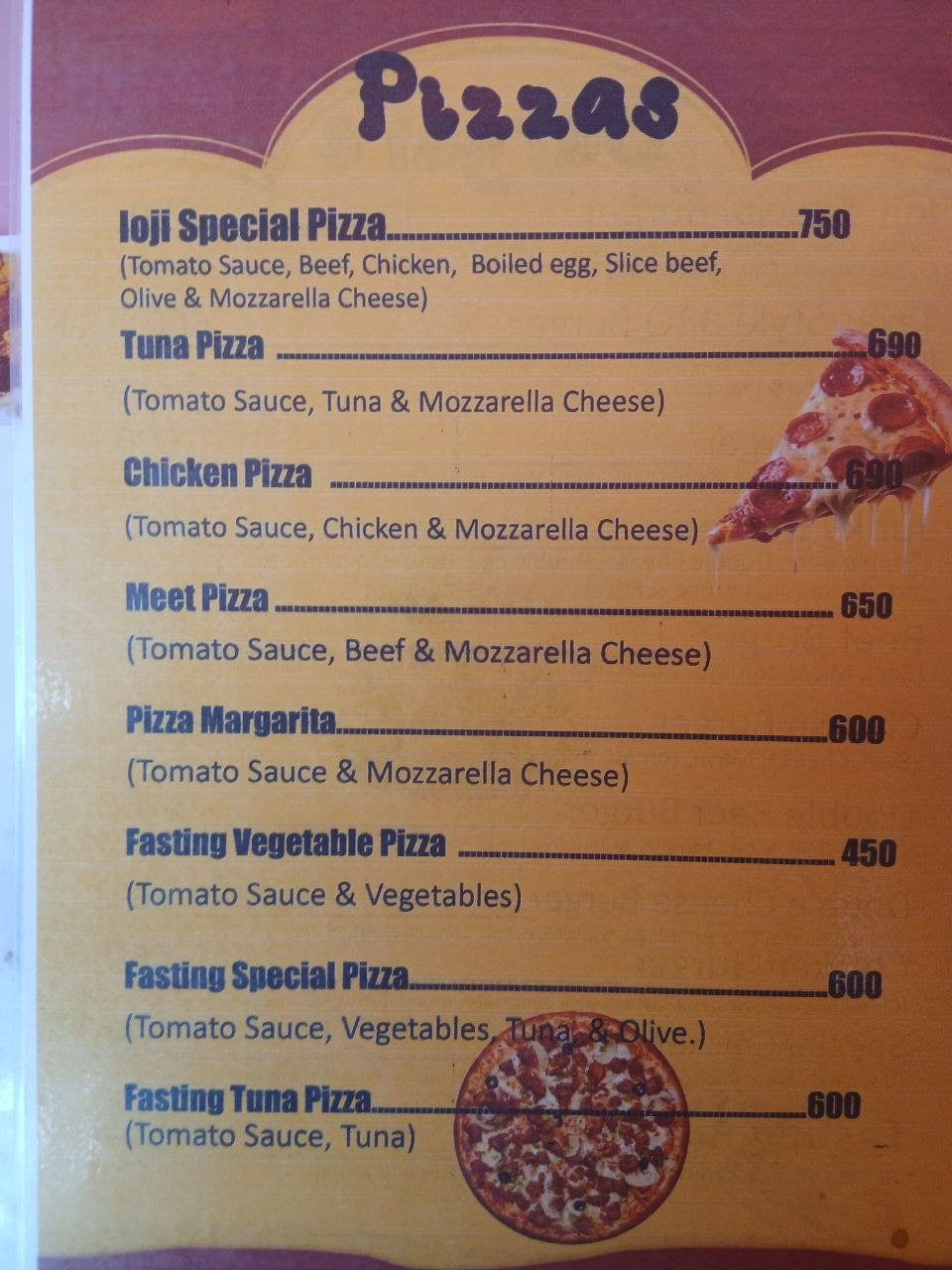 Printed menu — pizzas page