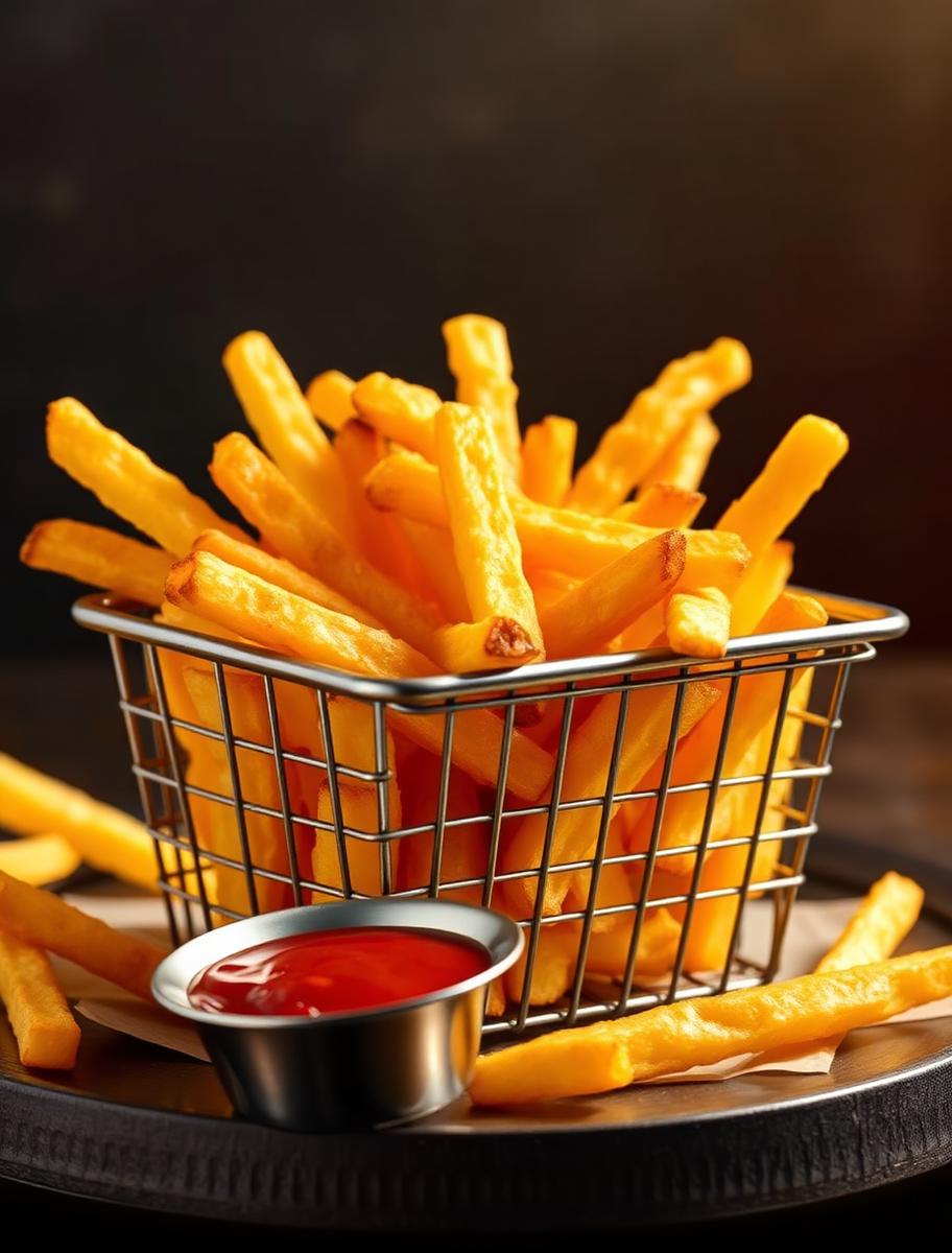 Basket of golden french fries with ketchup