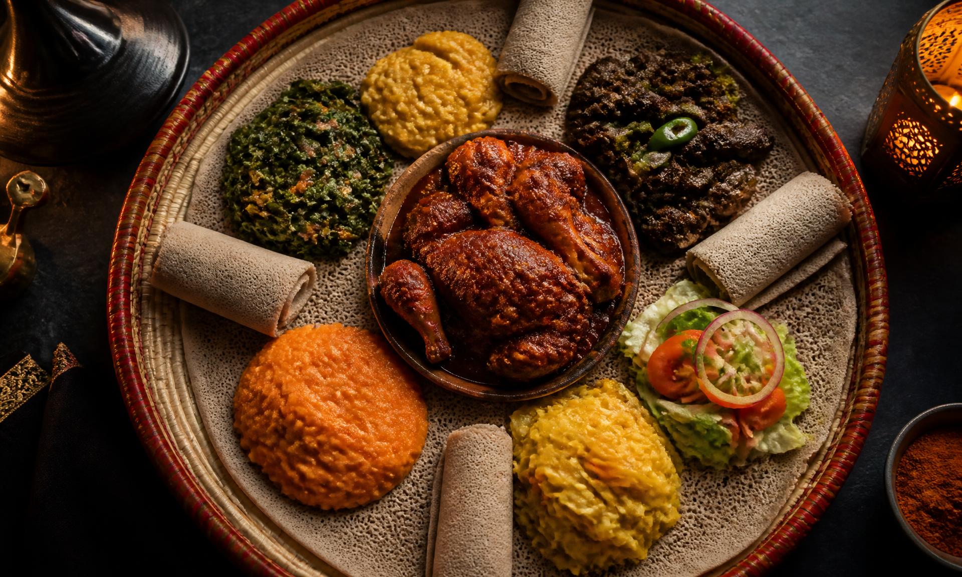 The Hordova sharing platter on a woven mesob